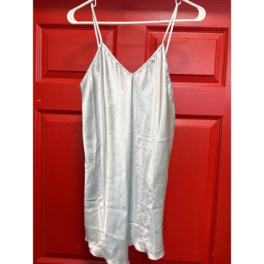 Silver Satin Chemise Nightgown V-Neck Adjustable Spaghetti Strap Slip Dress
